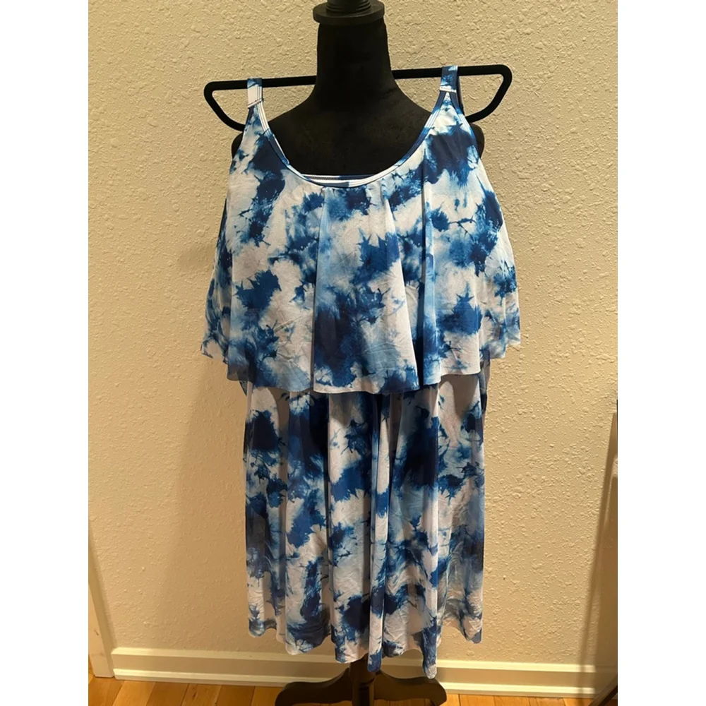 Women's BLOOMCHIC Plus Size 28 Blue White Tie-Dye One Piece Swimsuit - Picture 2 of 7